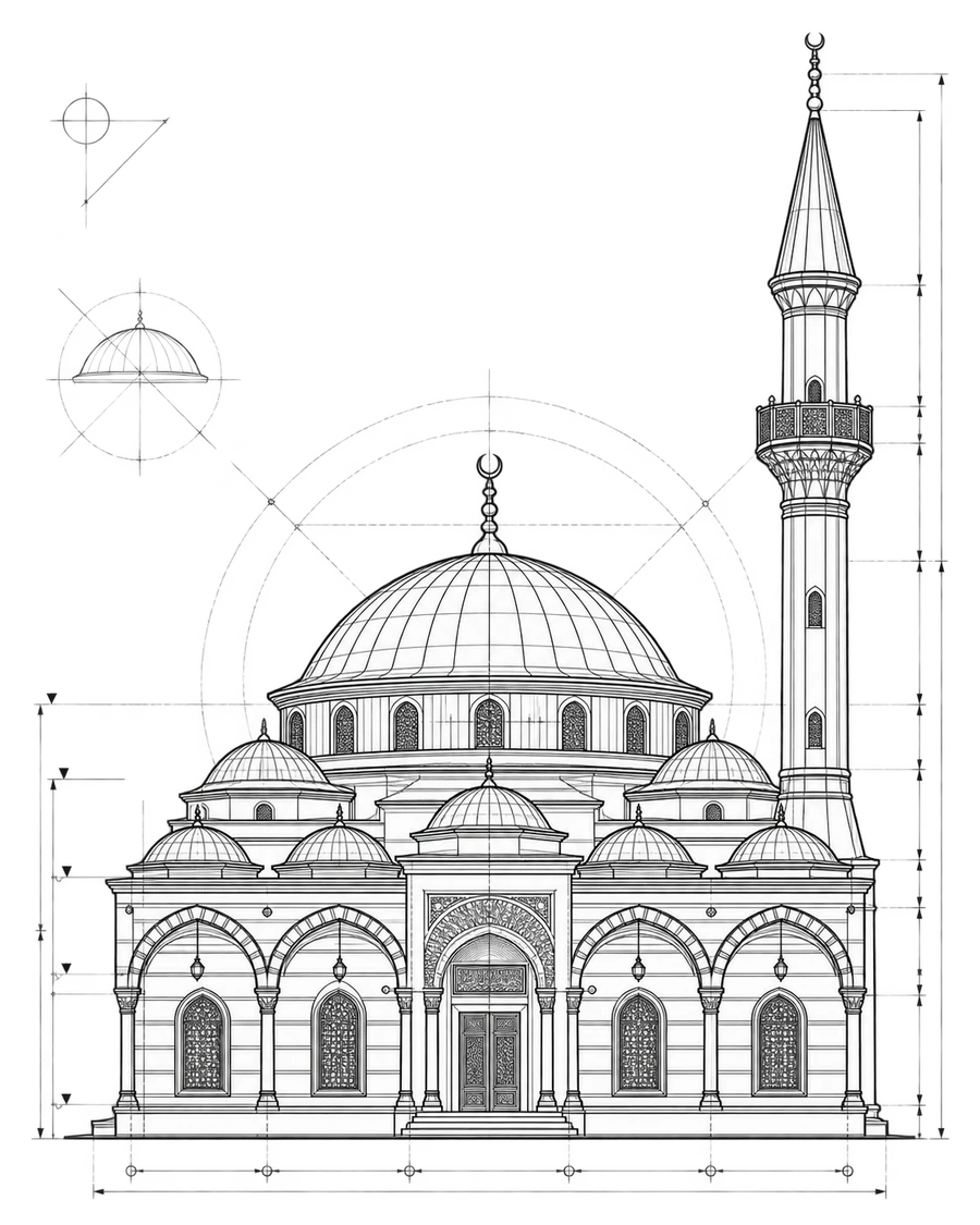 Mosque architectural project drawing; technical façade, dome and minaret view